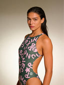Women's training one-piece swimsuit PINUP 388P - Military Logo + Light Pink